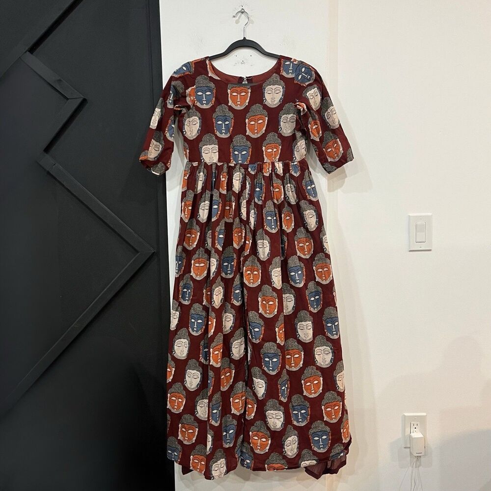 Hand Sewn Traditional Indian Face Motif Dress Size Medium Kalamkari